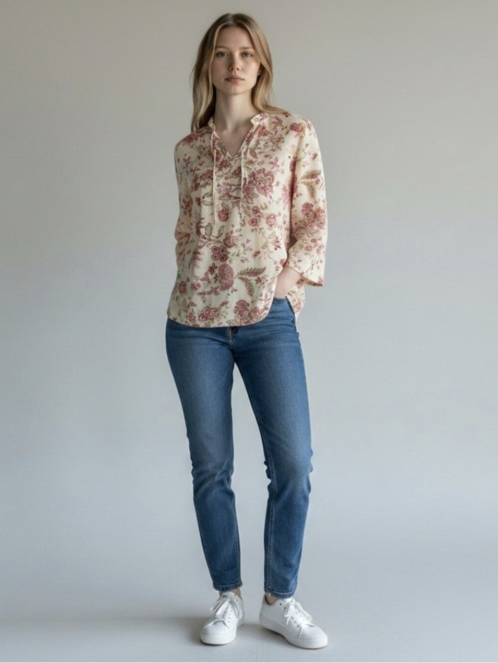 Chaps Denim Floral  Ruffle Stretch top blouse women's XL  floral‎